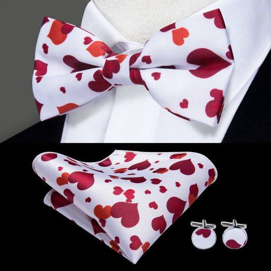 Red and white heart printed silk bow tie
