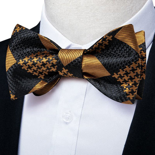 Men's Black and Gold Check Silk Pre-Tied Bow Tie