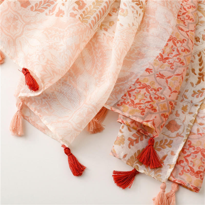 Bohemian ethnic style cotton and linen tassel scarf