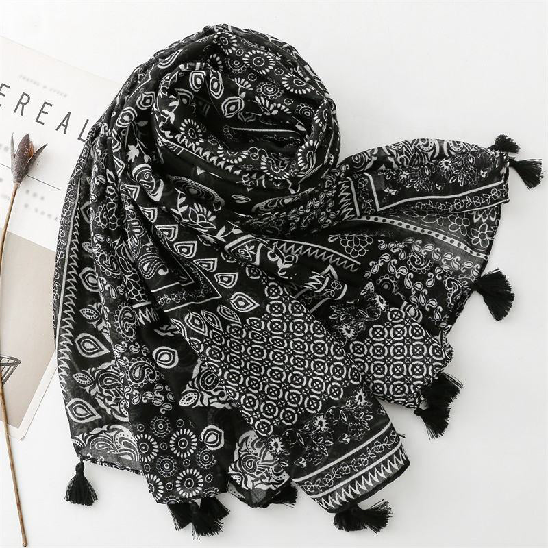 Blue flower print tassel shawl scarf