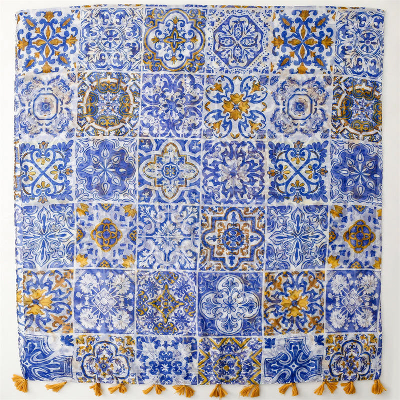 Long blue printed silk scarf shawl