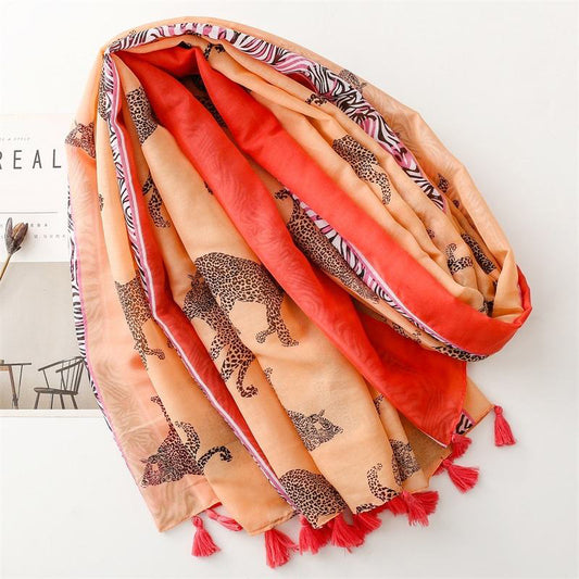 Orange and red leopard print silk scarf