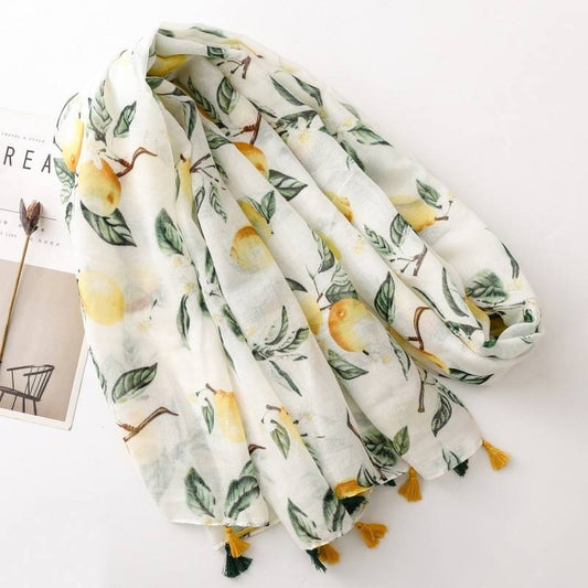 Yellow-green lemon print long silk scarf