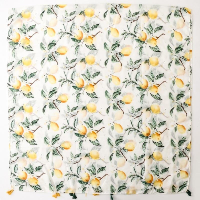 Yellow-green lemon print long silk scarf