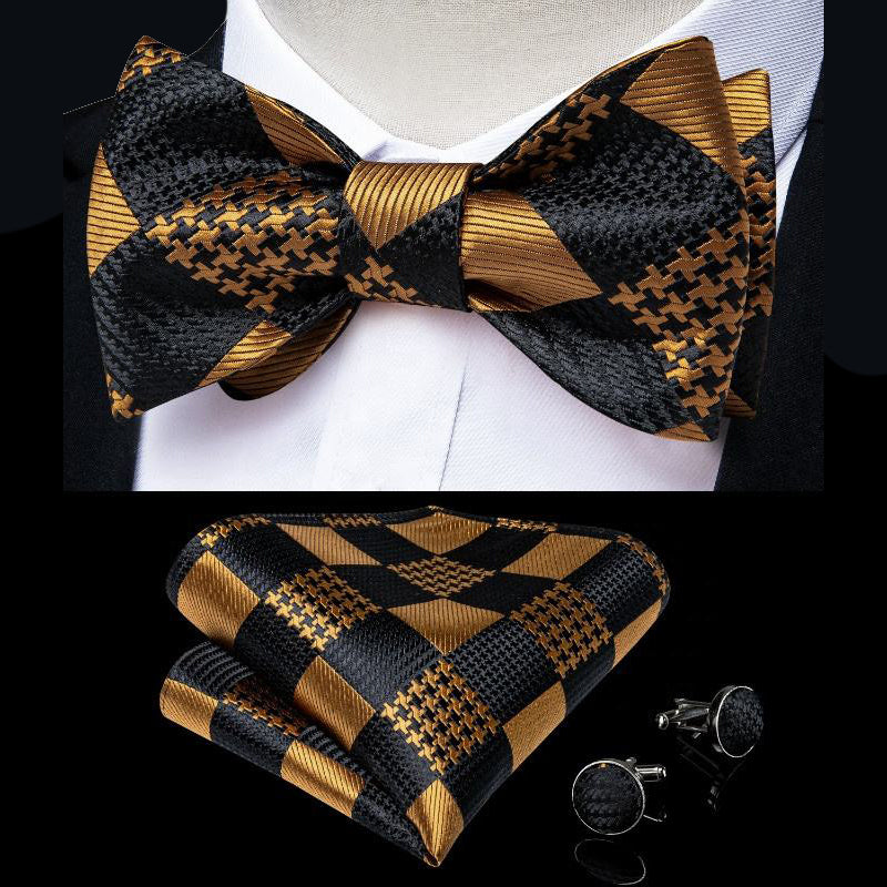 Men's Black and Gold Check Silk Pre-Tied Bow Tie