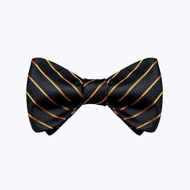 Black and gold striped silk self-tie bow tie