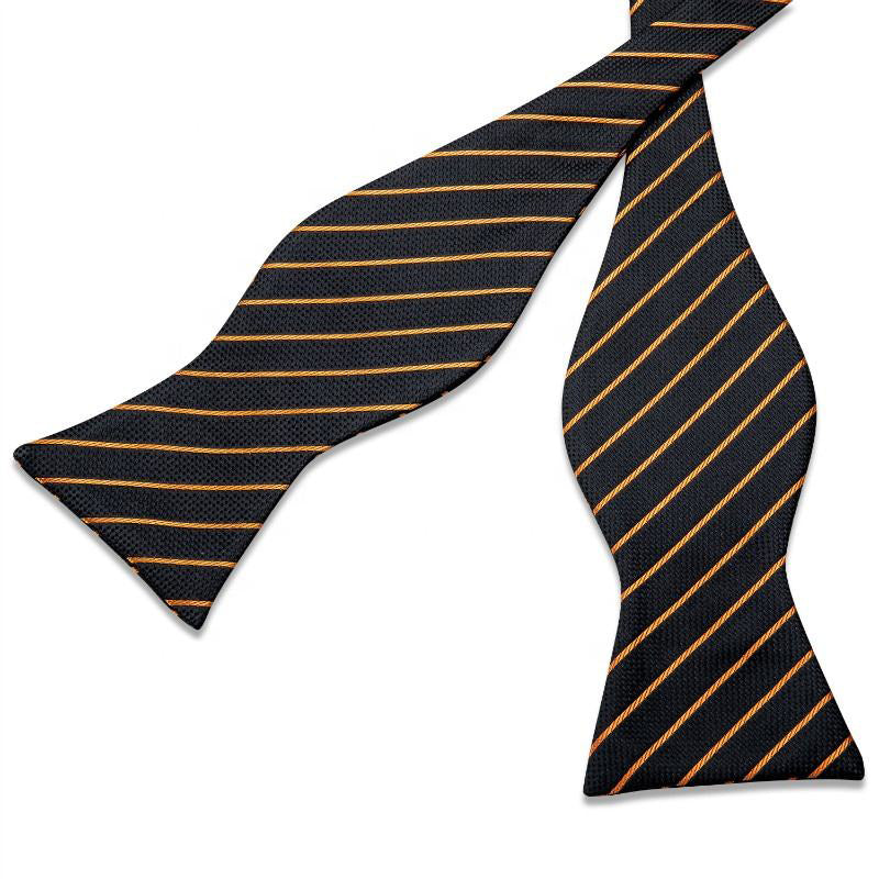 Black and gold striped silk self-tie bow tie
