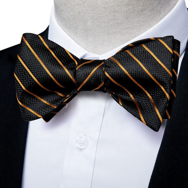 Black and gold striped silk self-tie bow tie