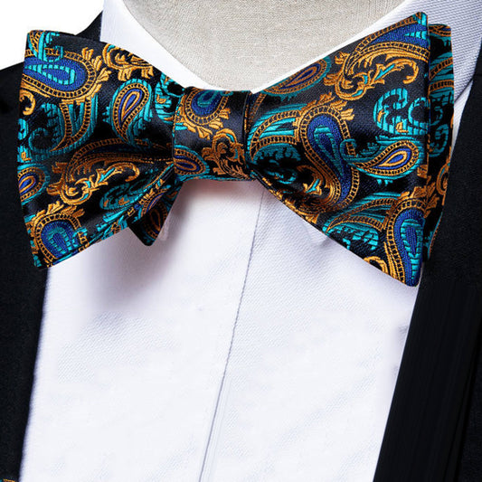Luxury Blue and Gold Men's Silk Self-Tie Bow Tie