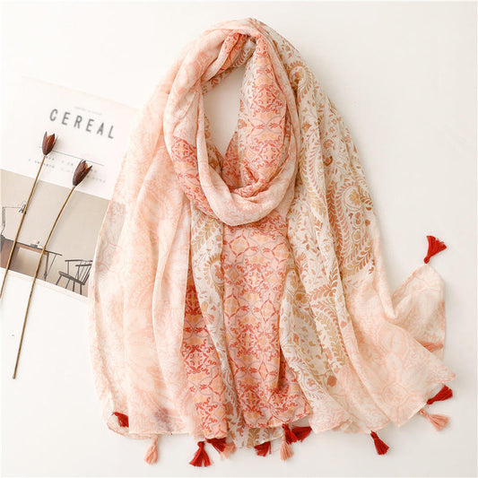 Bohemian ethnic style cotton and linen tassel scarf