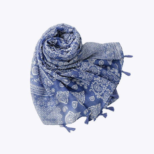 Blue flower print tassel shawl scarf