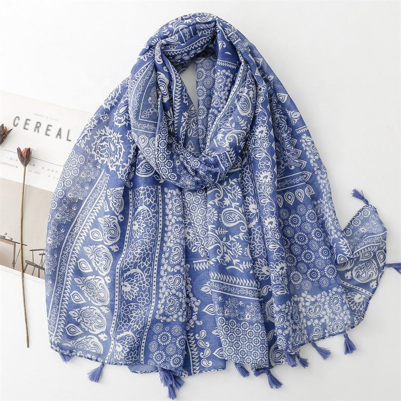 Blue flower print tassel shawl scarf