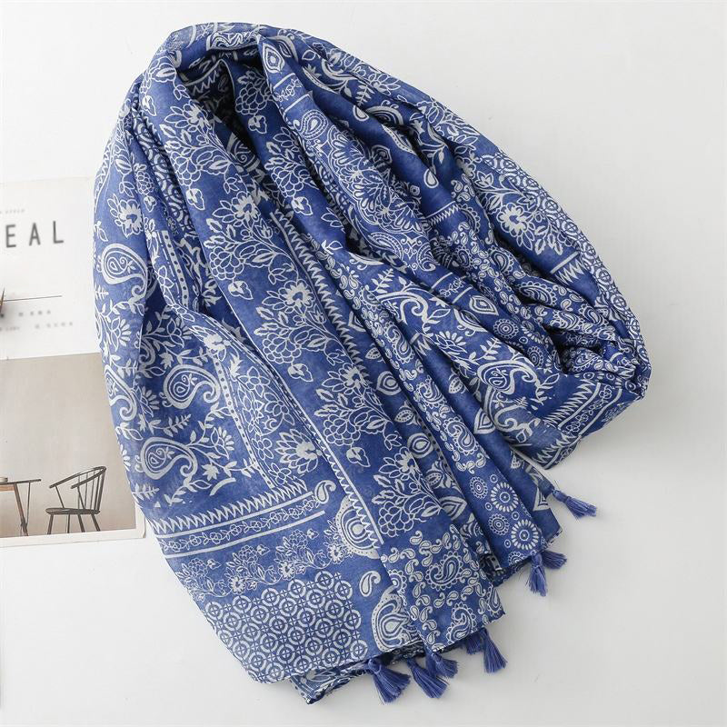 Blue flower print tassel shawl scarf
