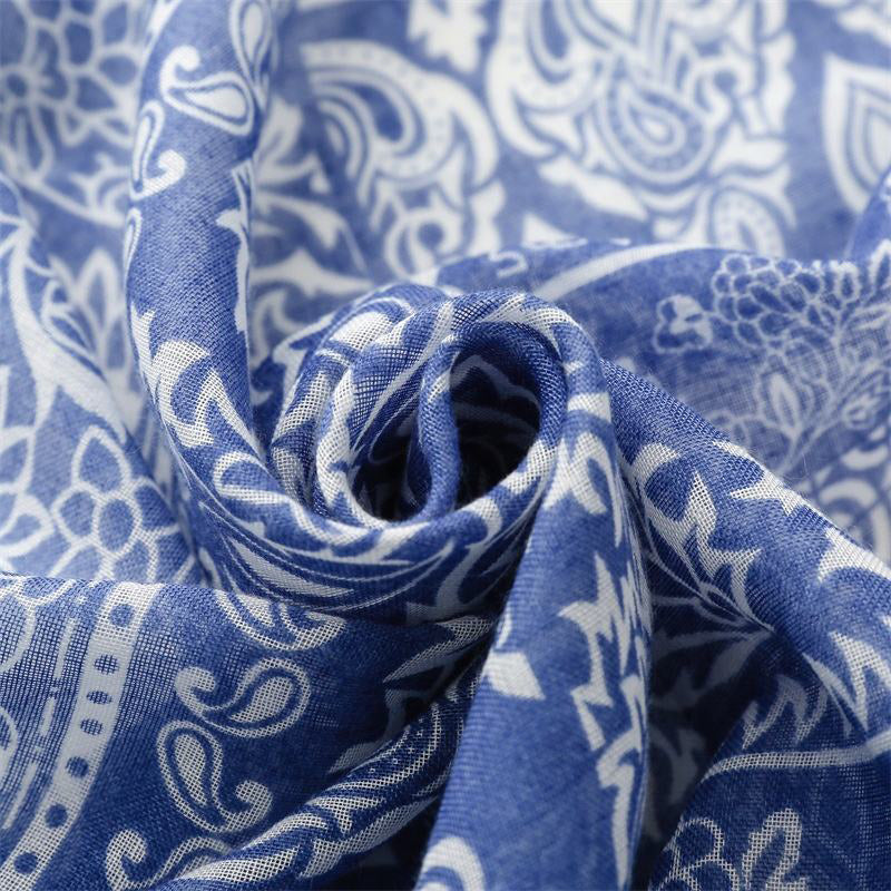 Blue flower print tassel shawl scarf
