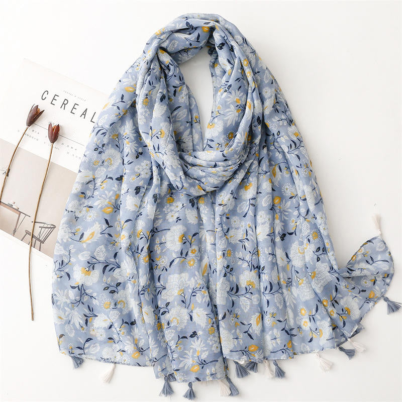 Printed cashmere and cotton tassel shawl scarf