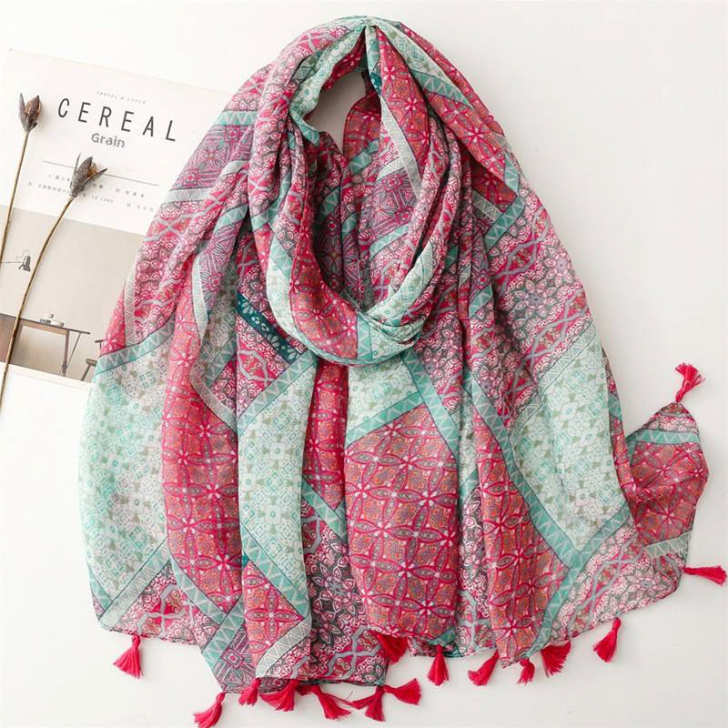 Pink and green gradient printed polyester scarf