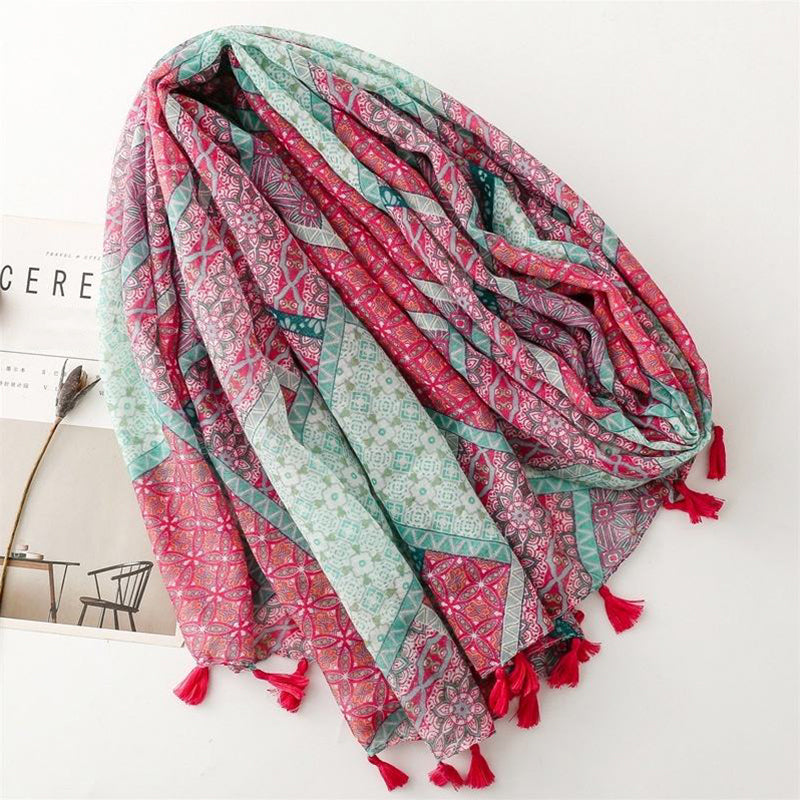 Pink and green gradient printed polyester scarf