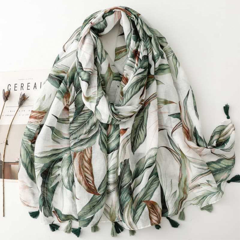 Banana Leaf Floral Tassel Scarf