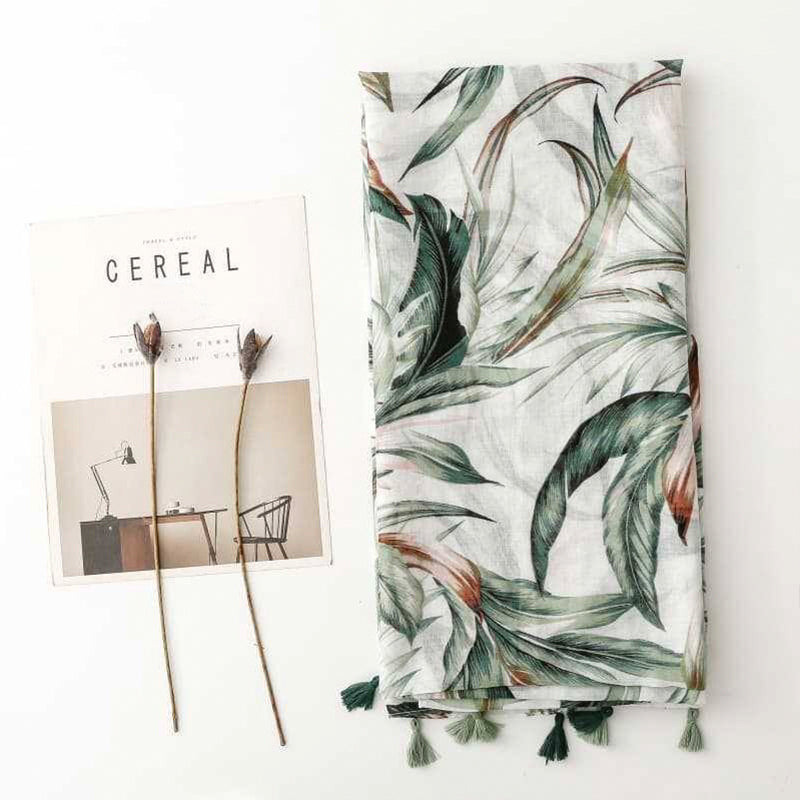 Banana Leaf Floral Tassel Scarf