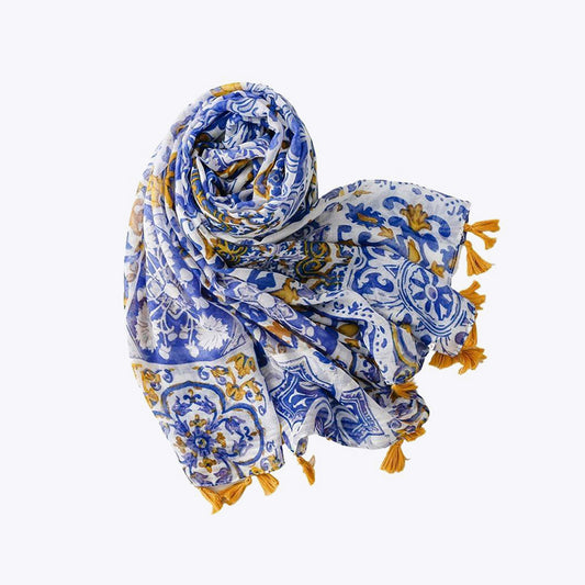 Long blue printed silk scarf shawl