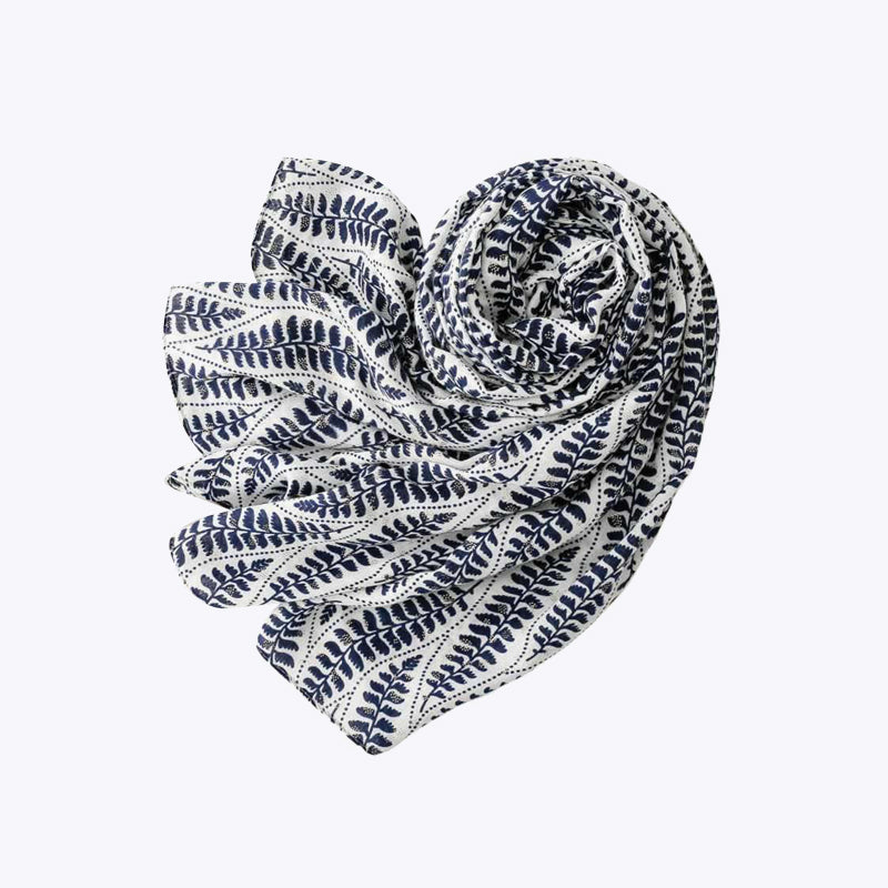 Gold-printed palm leaf tassel silk scarf