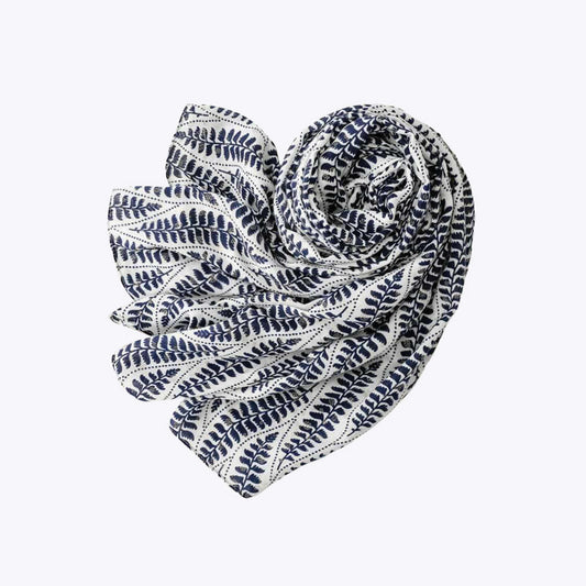 Gold-printed palm leaf tassel silk scarf