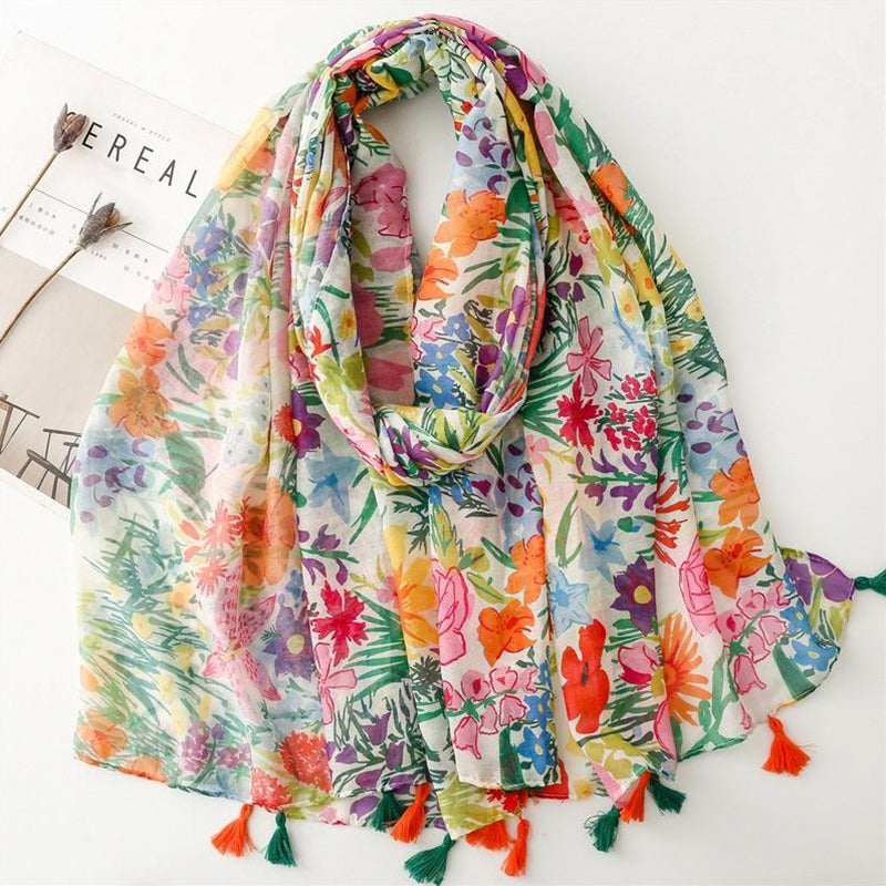Tassel long cotton and linen scarf