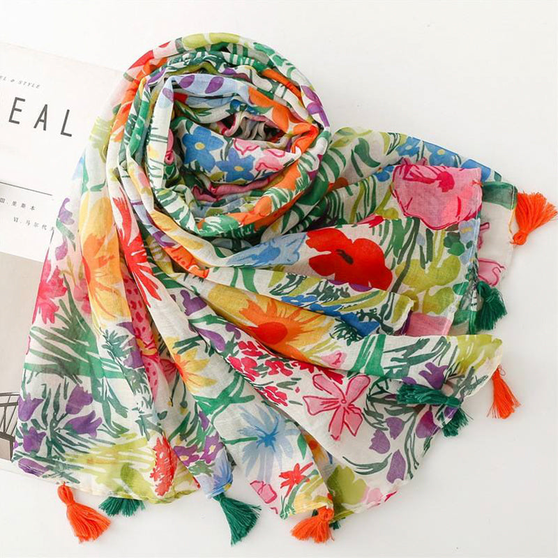 Tassel long cotton and linen scarf