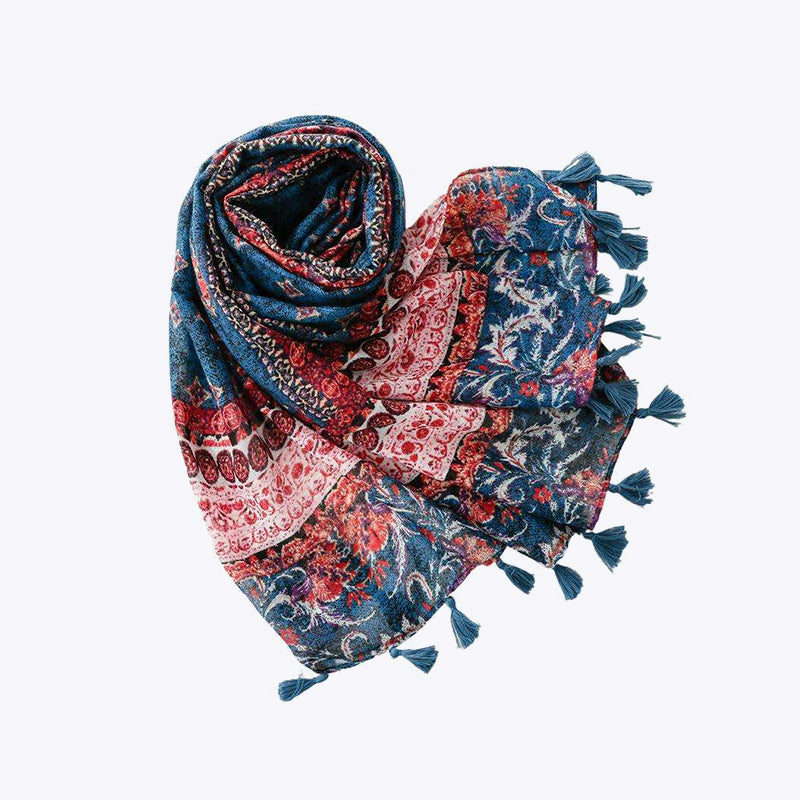 Retro red and blue geometric floral scarf