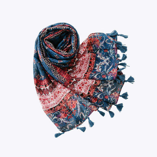 Retro red and blue geometric floral scarf