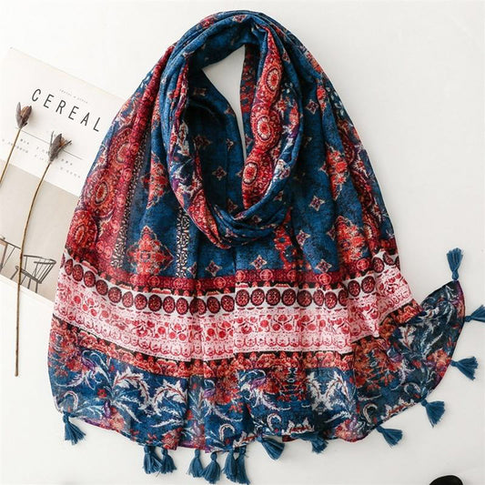 Retro red and blue geometric floral scarf