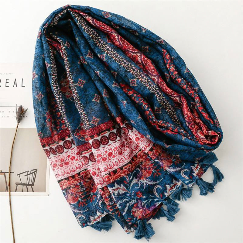 Retro red and blue geometric floral scarf