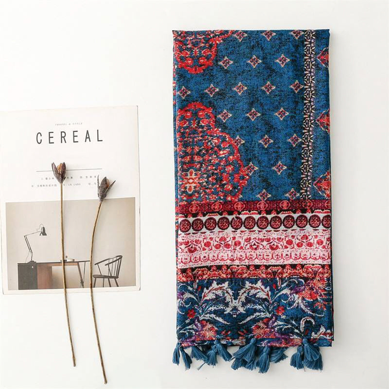 Retro red and blue geometric floral scarf