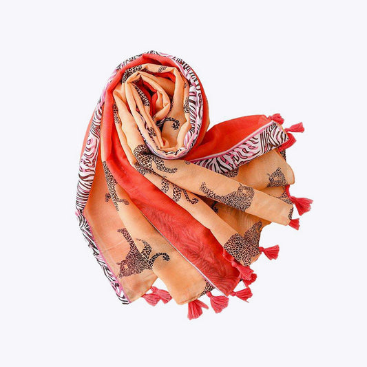 Orange and red leopard print silk scarf