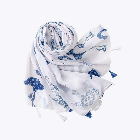 Blue and white flamingo and heart bird printed silk scarf