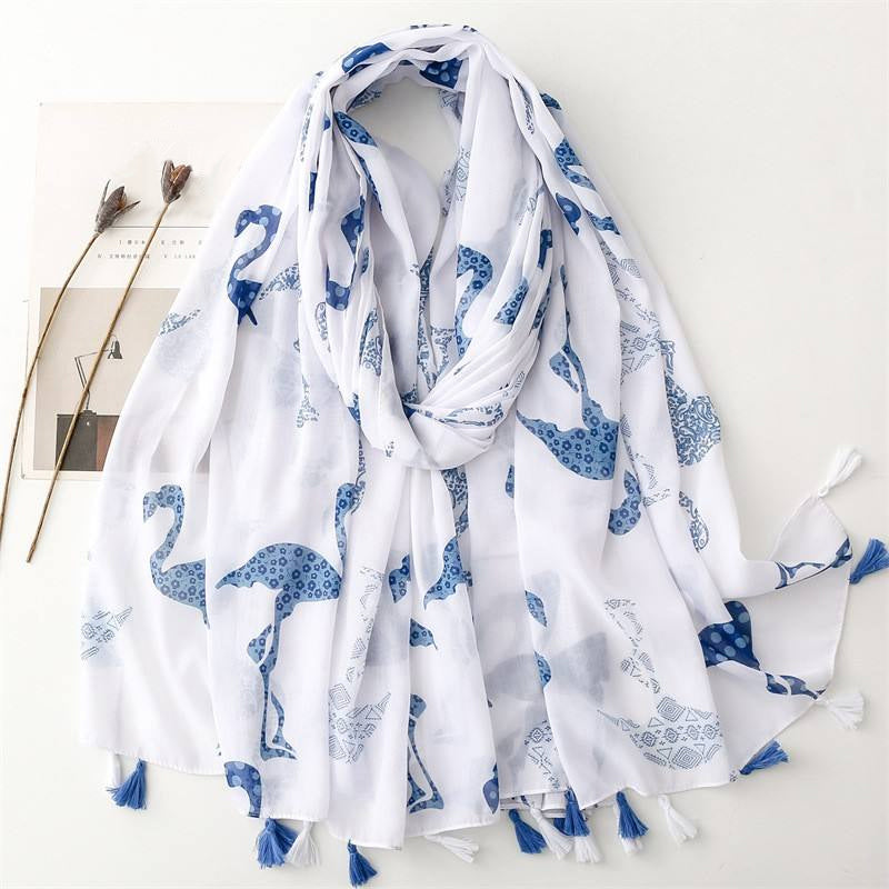 Blue and white flamingo and heart bird printed silk scarf