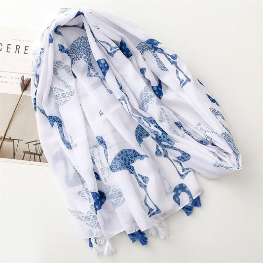 Blue and white flamingo and heart bird printed silk scarf