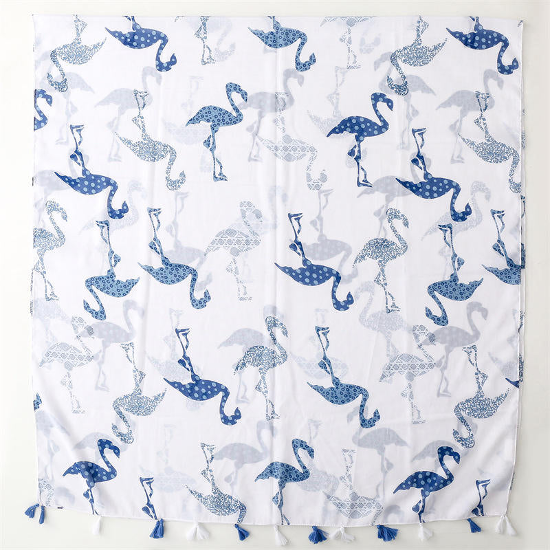 Blue and white flamingo and heart bird printed silk scarf