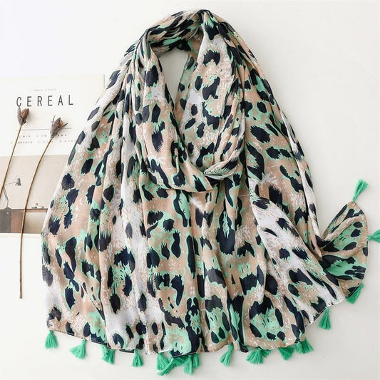 European and American green leopard print women's silk scarf