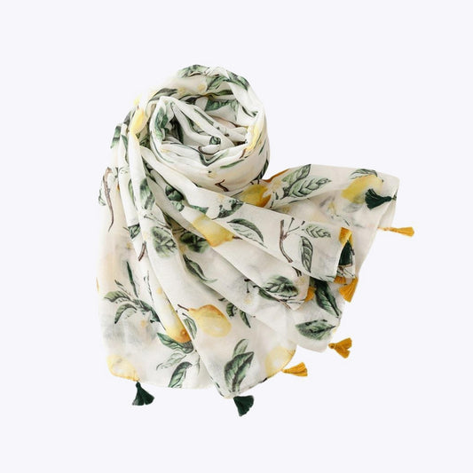 Yellow-green lemon print long silk scarf