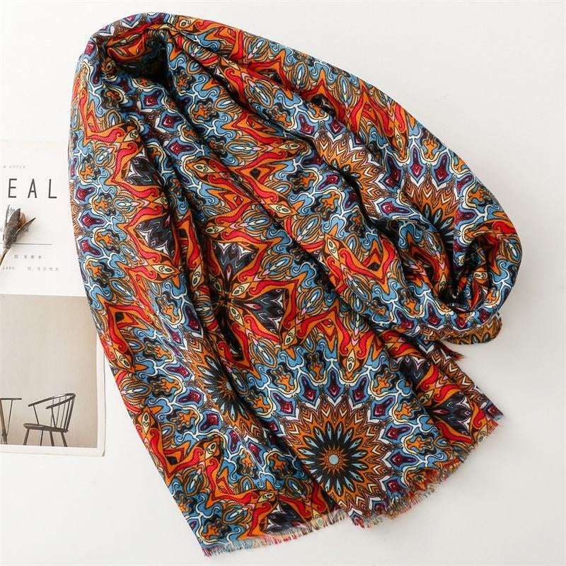 Retro soft colorful printed silk scarf