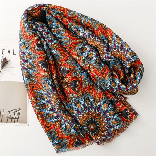 Retro soft colorful printed silk scarf