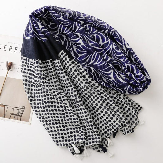 Blue Cherry Leaf Print Long Scarf for Women