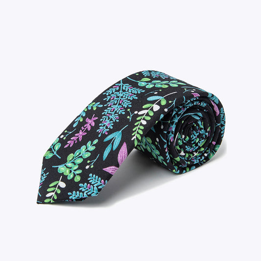 Black colorful leaf floral print tie