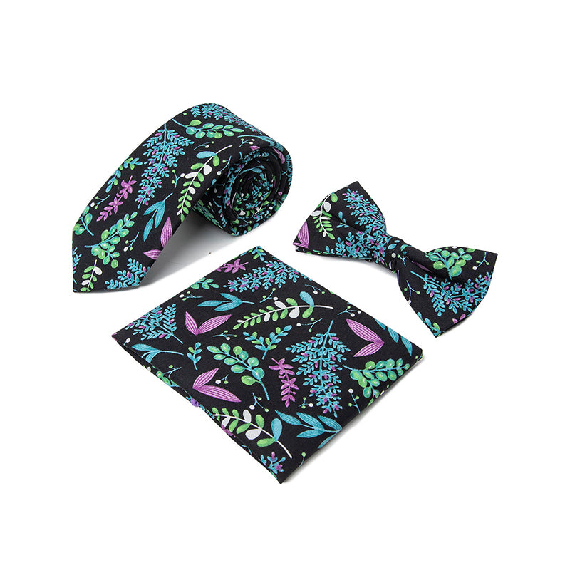 Black colorful leaf floral print tie